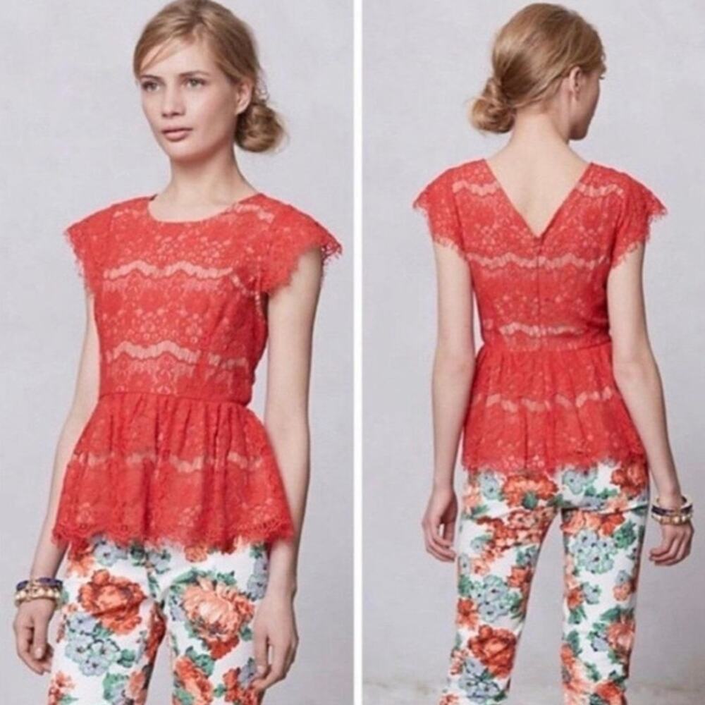 Maeve Anthropologie Blouse Medium Orange Lace Peplum Preppy Twee Summer